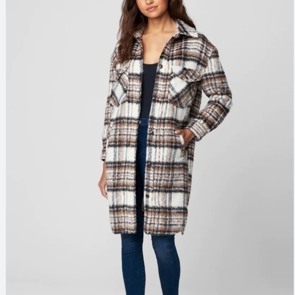 BLANK NYC I Feel You Long Plaid Shacket XS/Small Pink White Green - Picture 1 of 5